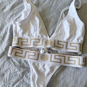Versace White and Gold Logo Bralette Bikini Top
